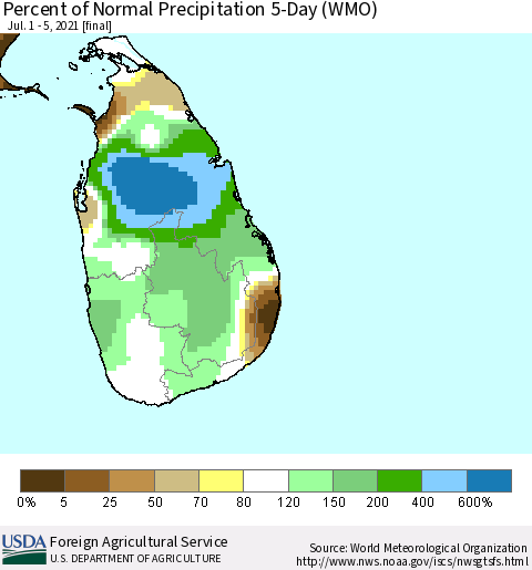 Sri Lanka Percent of Normal Precipitation 5-Day (WMO) Thematic Map For 7/1/2021 - 7/5/2021