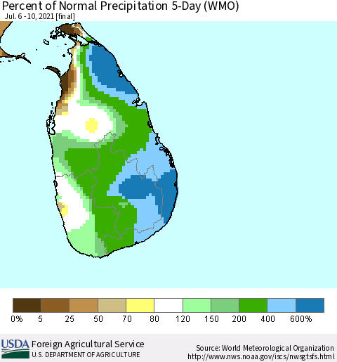 Sri Lanka Percent of Normal Precipitation 5-Day (WMO) Thematic Map For 7/6/2021 - 7/10/2021