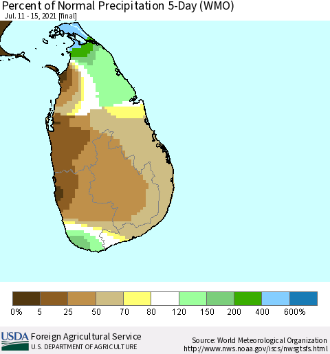 Sri Lanka Percent of Normal Precipitation 5-Day (WMO) Thematic Map For 7/11/2021 - 7/15/2021