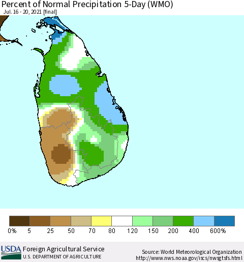 Sri Lanka Percent of Normal Precipitation 5-Day (WMO) Thematic Map For 7/16/2021 - 7/20/2021