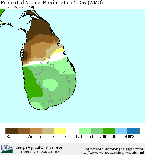 Sri Lanka Percent of Normal Precipitation 5-Day (WMO) Thematic Map For 7/21/2021 - 7/25/2021