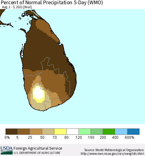 Sri Lanka Percent of Normal Precipitation 5-Day (WMO) Thematic Map For 8/1/2021 - 8/5/2021