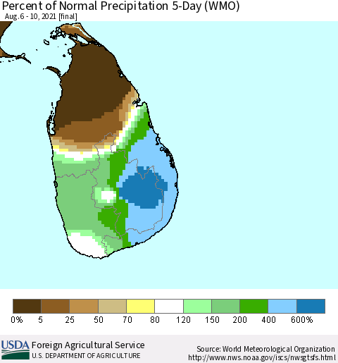Sri Lanka Percent of Normal Precipitation 5-Day (WMO) Thematic Map For 8/6/2021 - 8/10/2021