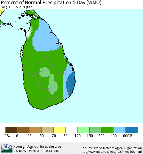 Sri Lanka Percent of Normal Precipitation 5-Day (WMO) Thematic Map For 8/11/2021 - 8/15/2021