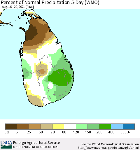 Sri Lanka Percent of Normal Precipitation 5-Day (WMO) Thematic Map For 8/16/2021 - 8/20/2021