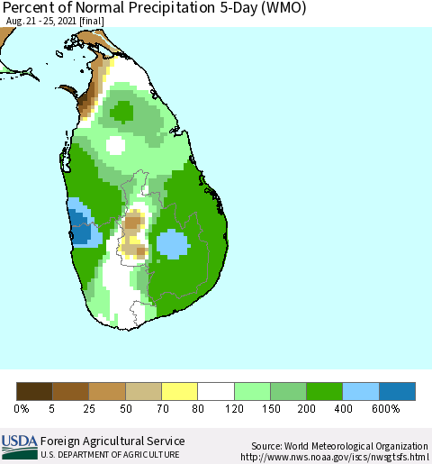 Sri Lanka Percent of Normal Precipitation 5-Day (WMO) Thematic Map For 8/21/2021 - 8/25/2021