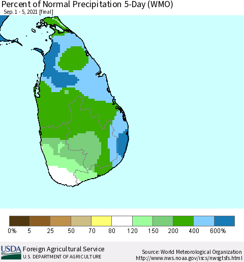 Sri Lanka Percent of Normal Precipitation 5-Day (WMO) Thematic Map For 9/1/2021 - 9/5/2021