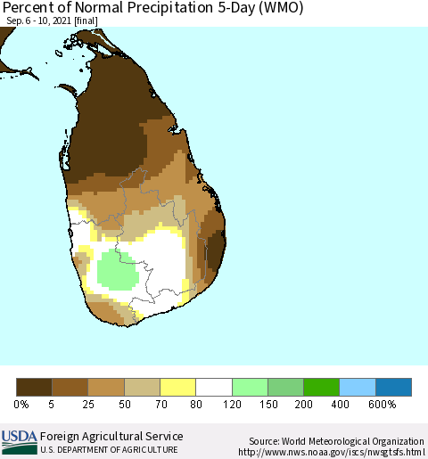 Sri Lanka Percent of Normal Precipitation 5-Day (WMO) Thematic Map For 9/6/2021 - 9/10/2021