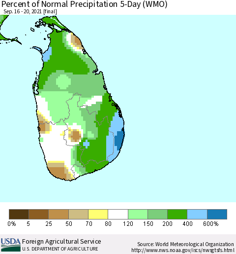 Sri Lanka Percent of Normal Precipitation 5-Day (WMO) Thematic Map For 9/16/2021 - 9/20/2021
