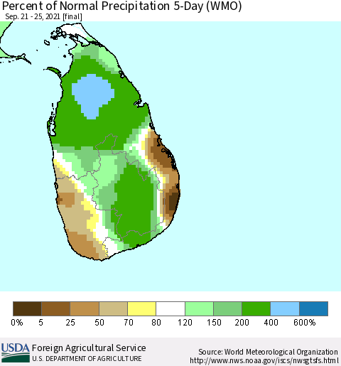 Sri Lanka Percent of Normal Precipitation 5-Day (WMO) Thematic Map For 9/21/2021 - 9/25/2021