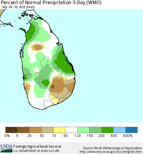 Sri Lanka Percent of Normal Precipitation 5-Day (WMO) Thematic Map For 9/26/2021 - 9/30/2021