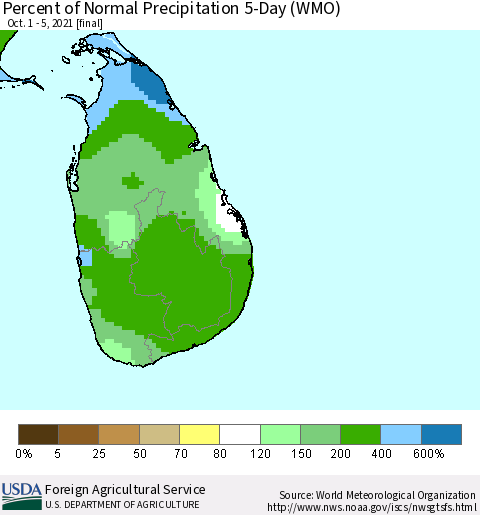 Sri Lanka Percent of Normal Precipitation 5-Day (WMO) Thematic Map For 10/1/2021 - 10/5/2021