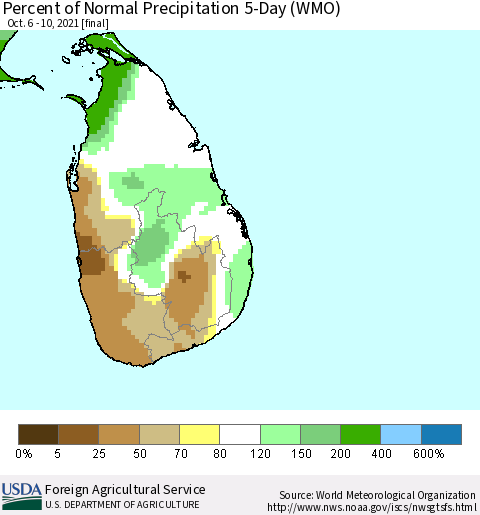 Sri Lanka Percent of Normal Precipitation 5-Day (WMO) Thematic Map For 10/6/2021 - 10/10/2021