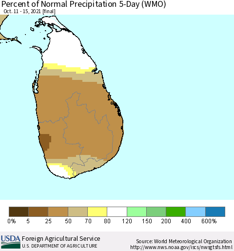 Sri Lanka Percent of Normal Precipitation 5-Day (WMO) Thematic Map For 10/11/2021 - 10/15/2021