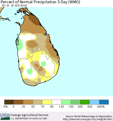 Sri Lanka Percent of Normal Precipitation 5-Day (WMO) Thematic Map For 10/16/2021 - 10/20/2021