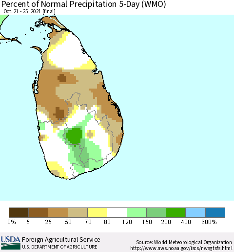 Sri Lanka Percent of Normal Precipitation 5-Day (WMO) Thematic Map For 10/21/2021 - 10/25/2021