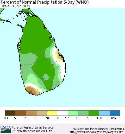 Sri Lanka Percent of Normal Precipitation 5-Day (WMO) Thematic Map For 10/26/2021 - 10/31/2021
