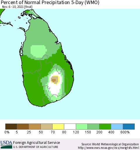 Sri Lanka Percent of Normal Precipitation 5-Day (WMO) Thematic Map For 11/6/2021 - 11/10/2021