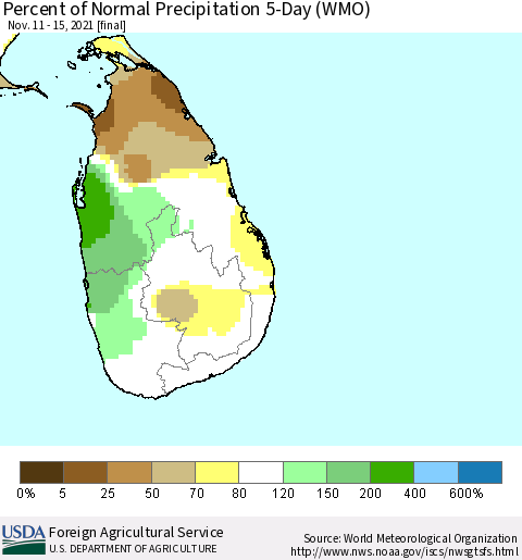 Sri Lanka Percent of Normal Precipitation 5-Day (WMO) Thematic Map For 11/11/2021 - 11/15/2021