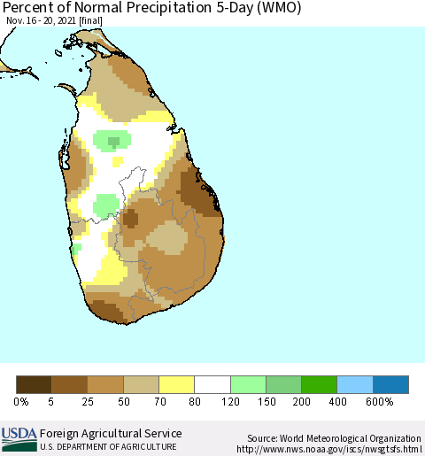 Sri Lanka Percent of Normal Precipitation 5-Day (WMO) Thematic Map For 11/16/2021 - 11/20/2021