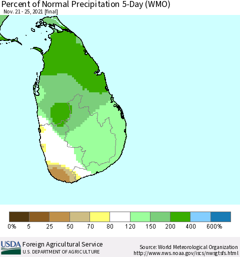 Sri Lanka Percent of Normal Precipitation 5-Day (WMO) Thematic Map For 11/21/2021 - 11/25/2021