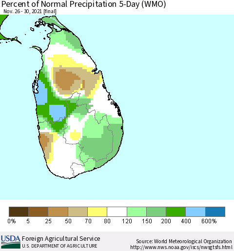 Sri Lanka Percent of Normal Precipitation 5-Day (WMO) Thematic Map For 11/26/2021 - 11/30/2021