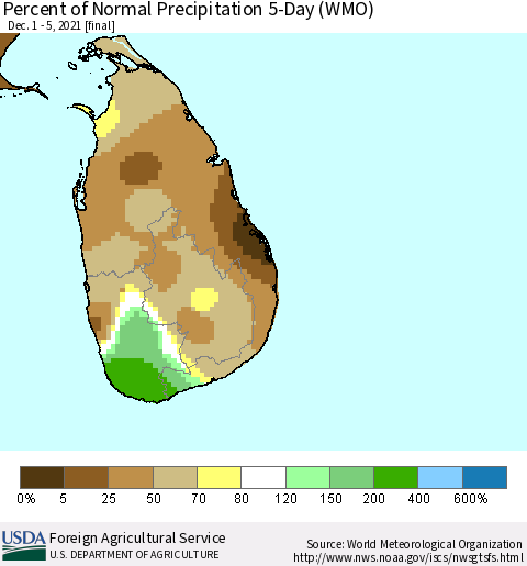 Sri Lanka Percent of Normal Precipitation 5-Day (WMO) Thematic Map For 12/1/2021 - 12/5/2021