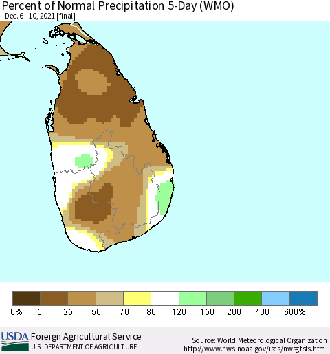 Sri Lanka Percent of Normal Precipitation 5-Day (WMO) Thematic Map For 12/6/2021 - 12/10/2021