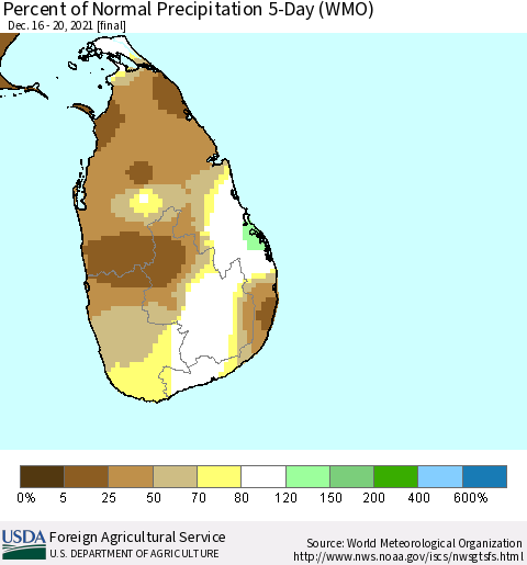Sri Lanka Percent of Normal Precipitation 5-Day (WMO) Thematic Map For 12/16/2021 - 12/20/2021