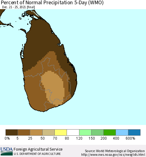 Sri Lanka Percent of Normal Precipitation 5-Day (WMO) Thematic Map For 12/21/2021 - 12/25/2021