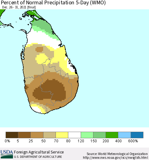 Sri Lanka Percent of Normal Precipitation 5-Day (WMO) Thematic Map For 12/26/2021 - 12/31/2021