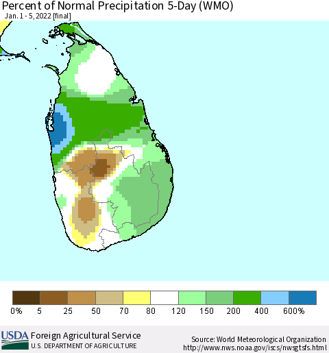 Sri Lanka Percent of Normal Precipitation 5-Day (WMO) Thematic Map For 1/1/2022 - 1/5/2022