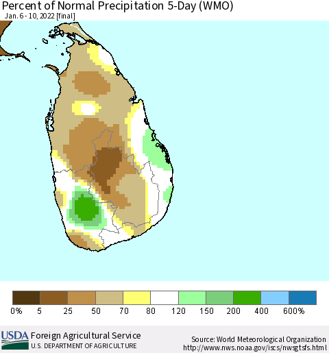 Sri Lanka Percent of Normal Precipitation 5-Day (WMO) Thematic Map For 1/6/2022 - 1/10/2022