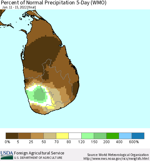 Sri Lanka Percent of Normal Precipitation 5-Day (WMO) Thematic Map For 1/11/2022 - 1/15/2022