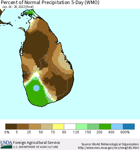 Sri Lanka Percent of Normal Precipitation 5-Day (WMO) Thematic Map For 1/16/2022 - 1/20/2022