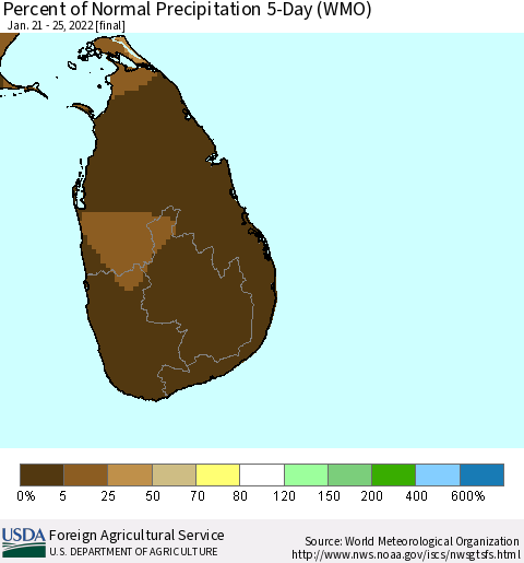 Sri Lanka Percent of Normal Precipitation 5-Day (WMO) Thematic Map For 1/21/2022 - 1/25/2022