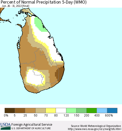 Sri Lanka Percent of Normal Precipitation 5-Day (WMO) Thematic Map For 1/26/2022 - 1/31/2022