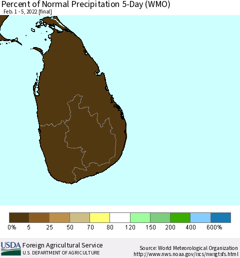 Sri Lanka Percent of Normal Precipitation 5-Day (WMO) Thematic Map For 2/1/2022 - 2/5/2022