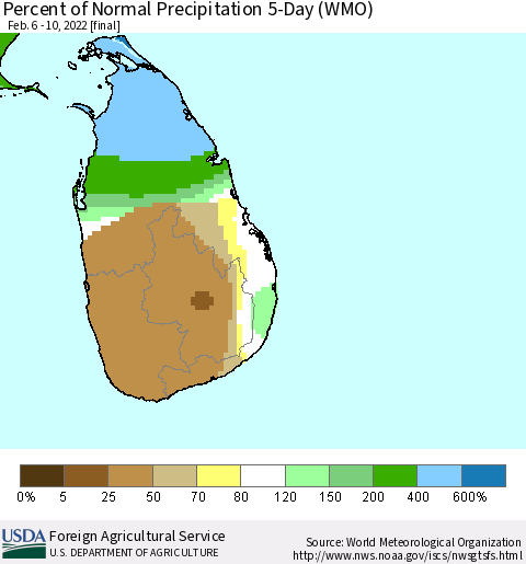 Sri Lanka Percent of Normal Precipitation 5-Day (WMO) Thematic Map For 2/6/2022 - 2/10/2022