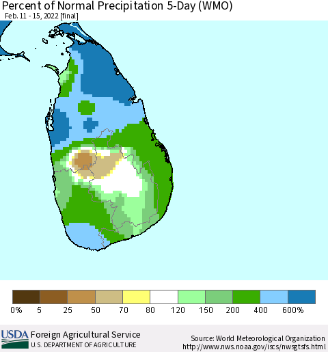 Sri Lanka Percent of Normal Precipitation 5-Day (WMO) Thematic Map For 2/11/2022 - 2/15/2022