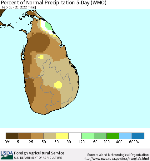 Sri Lanka Percent of Normal Precipitation 5-Day (WMO) Thematic Map For 2/16/2022 - 2/20/2022