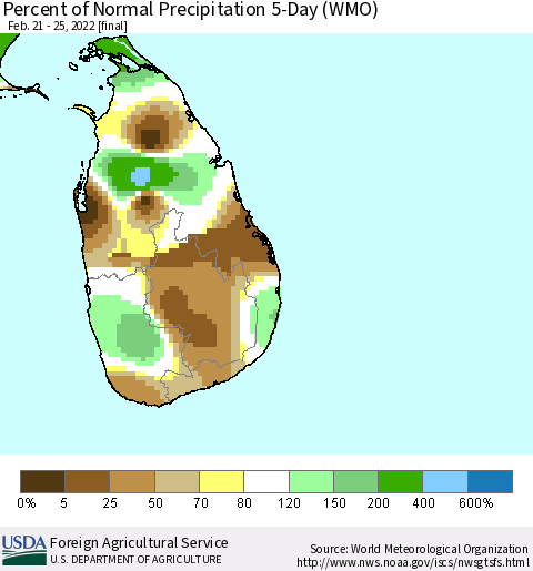 Sri Lanka Percent of Normal Precipitation 5-Day (WMO) Thematic Map For 2/21/2022 - 2/25/2022