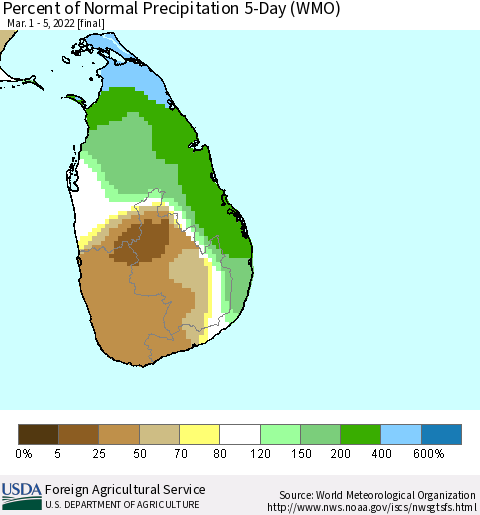 Sri Lanka Percent of Normal Precipitation 5-Day (WMO) Thematic Map For 3/1/2022 - 3/5/2022