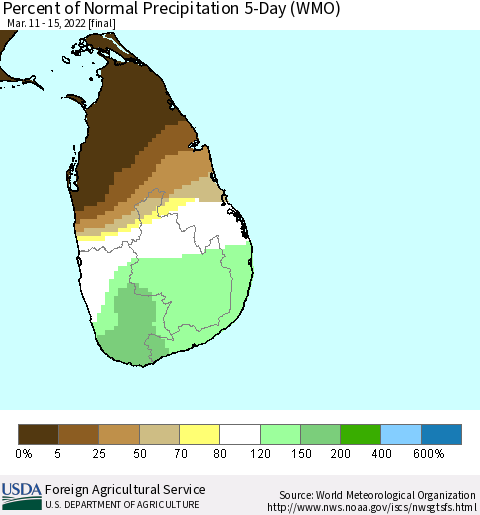 Sri Lanka Percent of Normal Precipitation 5-Day (WMO) Thematic Map For 3/11/2022 - 3/15/2022