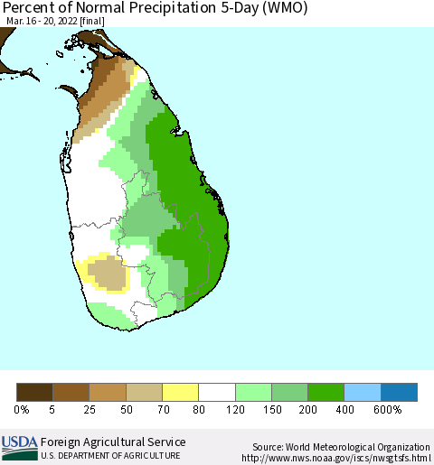 Sri Lanka Percent of Normal Precipitation 5-Day (WMO) Thematic Map For 3/16/2022 - 3/20/2022