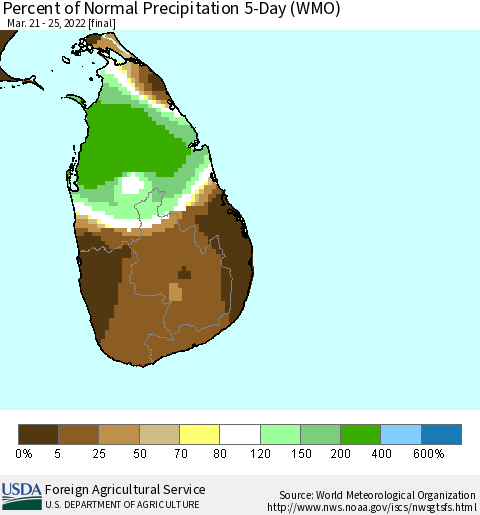 Sri Lanka Percent of Normal Precipitation 5-Day (WMO) Thematic Map For 3/21/2022 - 3/25/2022