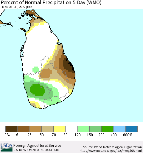 Sri Lanka Percent of Normal Precipitation 5-Day (WMO) Thematic Map For 3/26/2022 - 3/31/2022