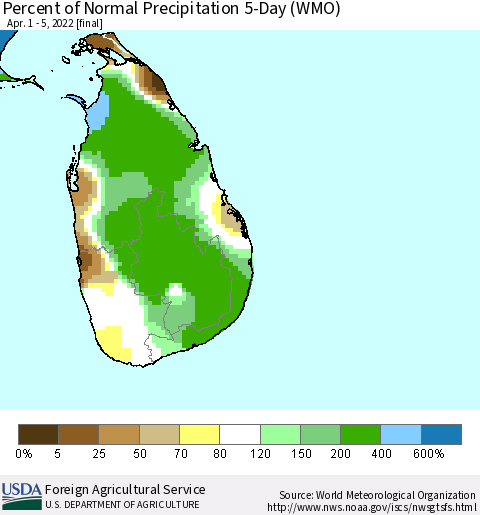 Sri Lanka Percent of Normal Precipitation 5-Day (WMO) Thematic Map For 4/1/2022 - 4/5/2022