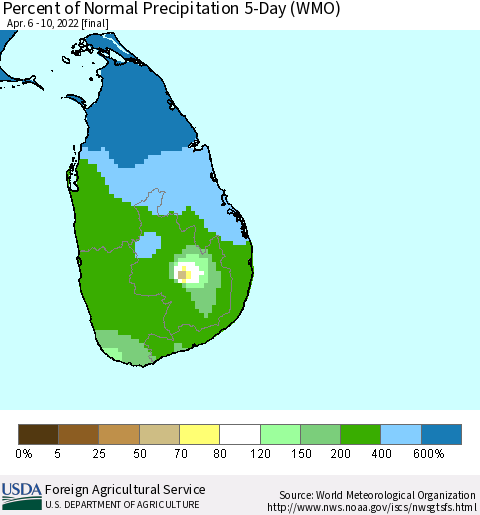 Sri Lanka Percent of Normal Precipitation 5-Day (WMO) Thematic Map For 4/6/2022 - 4/10/2022