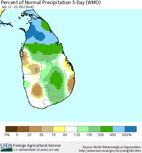 Sri Lanka Percent of Normal Precipitation 5-Day (WMO) Thematic Map For 4/11/2022 - 4/15/2022